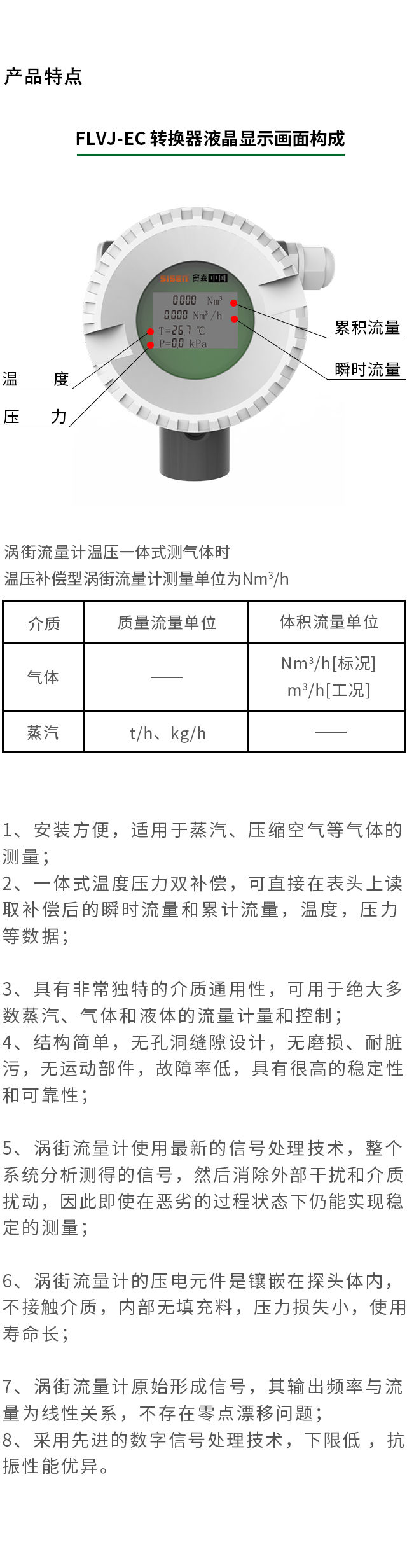 溫壓一體式渦街流量計產品特點