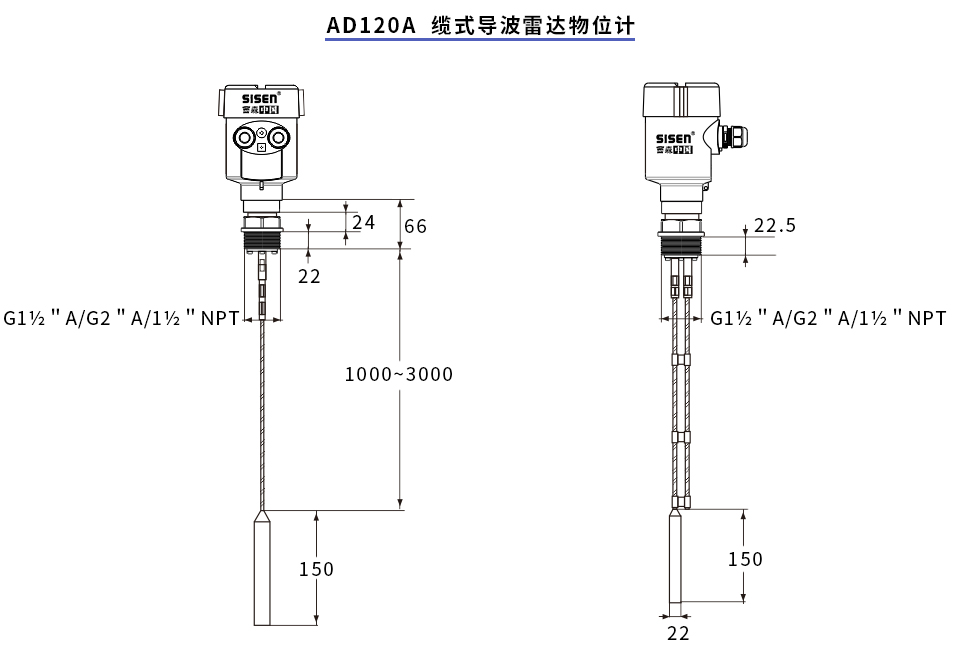 AD120A纜式導波雷達物位計產品尺寸