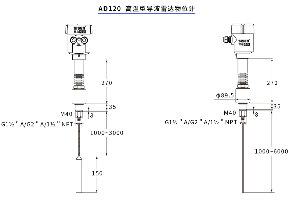 AD120高溫型導波雷達物位計產品尺寸