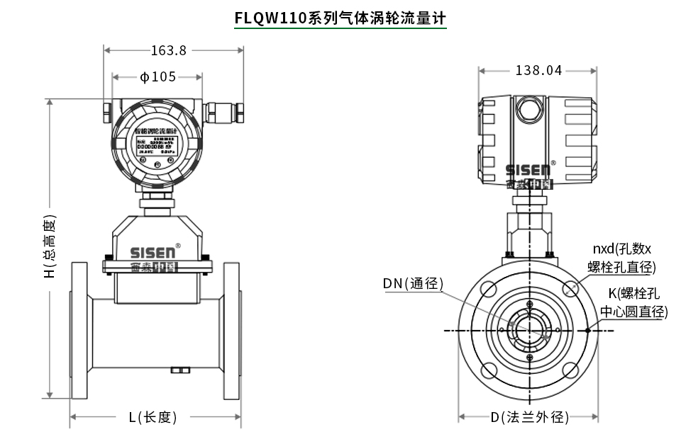 FLQW110溫壓補(bǔ)償型氣體渦輪流量計(jì)尺寸圖